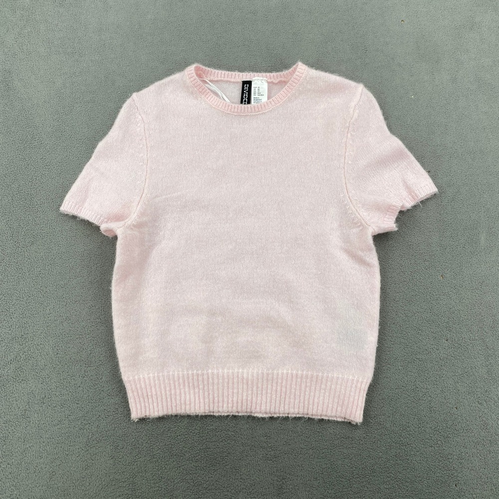 HM Divided Pink Short Sleeve Fuzzy Knit Sweater Wool Blend Crew Neck XS 8731